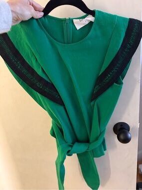 ba&sh Green Tie-Waist Flutter Sleeve Top with Black Trim